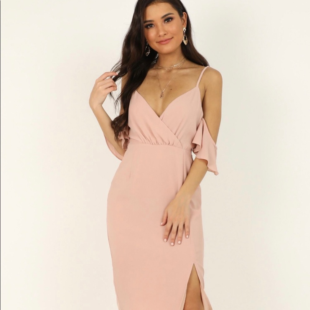 Showpo Blush Off the Shoulder Dress Wedding Guest
